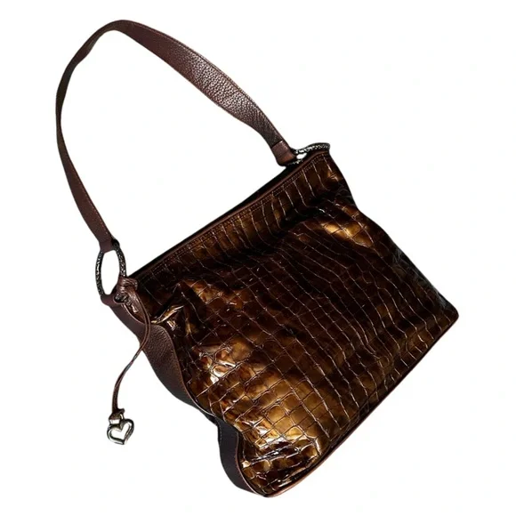 Brighton Bronze Patent Leather Croc Embossed Purse Shoulde Bag Hobo Tote